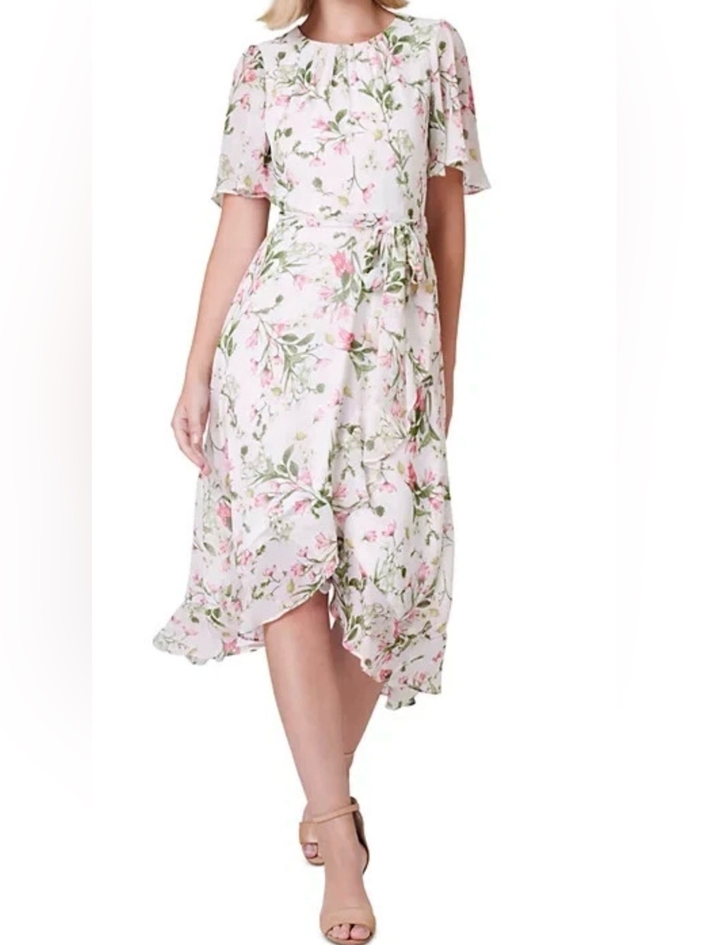 Plus size Flowy Floral Tie-Waist Blouse - Cream with Green & Pink Floral Print